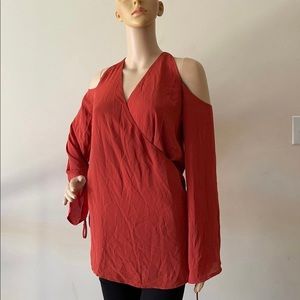 Women’s V-Neck Long Sleeve Cold Shoulder Coral Blouse Top
